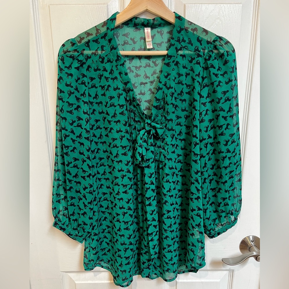 Xhileration Green Horse Print Sheer Long Sleeve Blouse